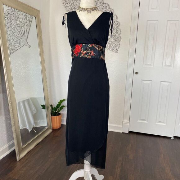 Early 2000's Whimsygoth Black Red Colorful Satin Paisley Asymmetric Midi Dress M - Picture 2 of 8